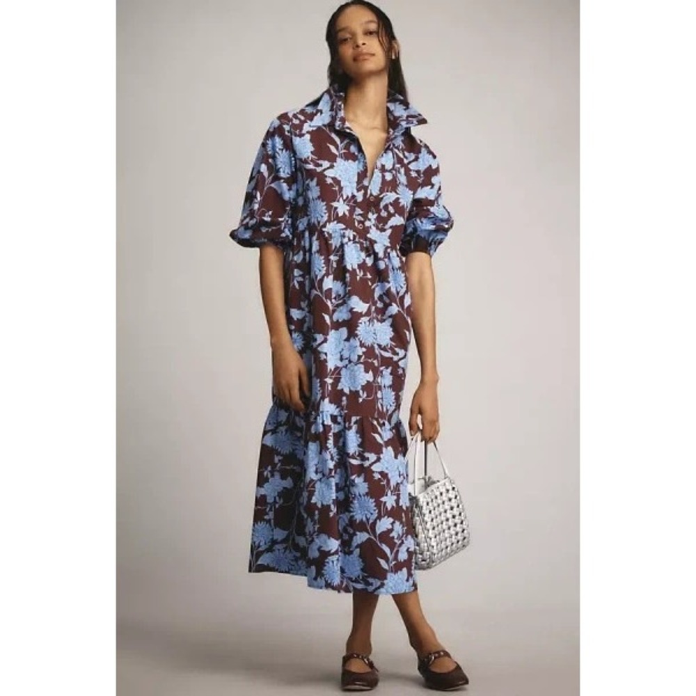 Maeve By Anthropologie Bettina Tiered Floral Shirt Dress In Eggplant Blue Sz M P